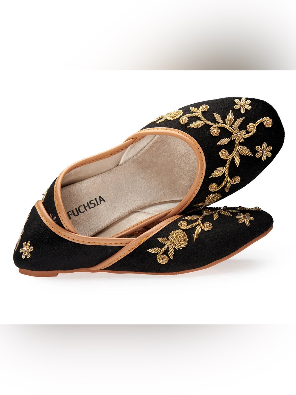 Marina FUCHSIA Black Velvet Gold Embroidered Handmade Beaded Flat Women 9W